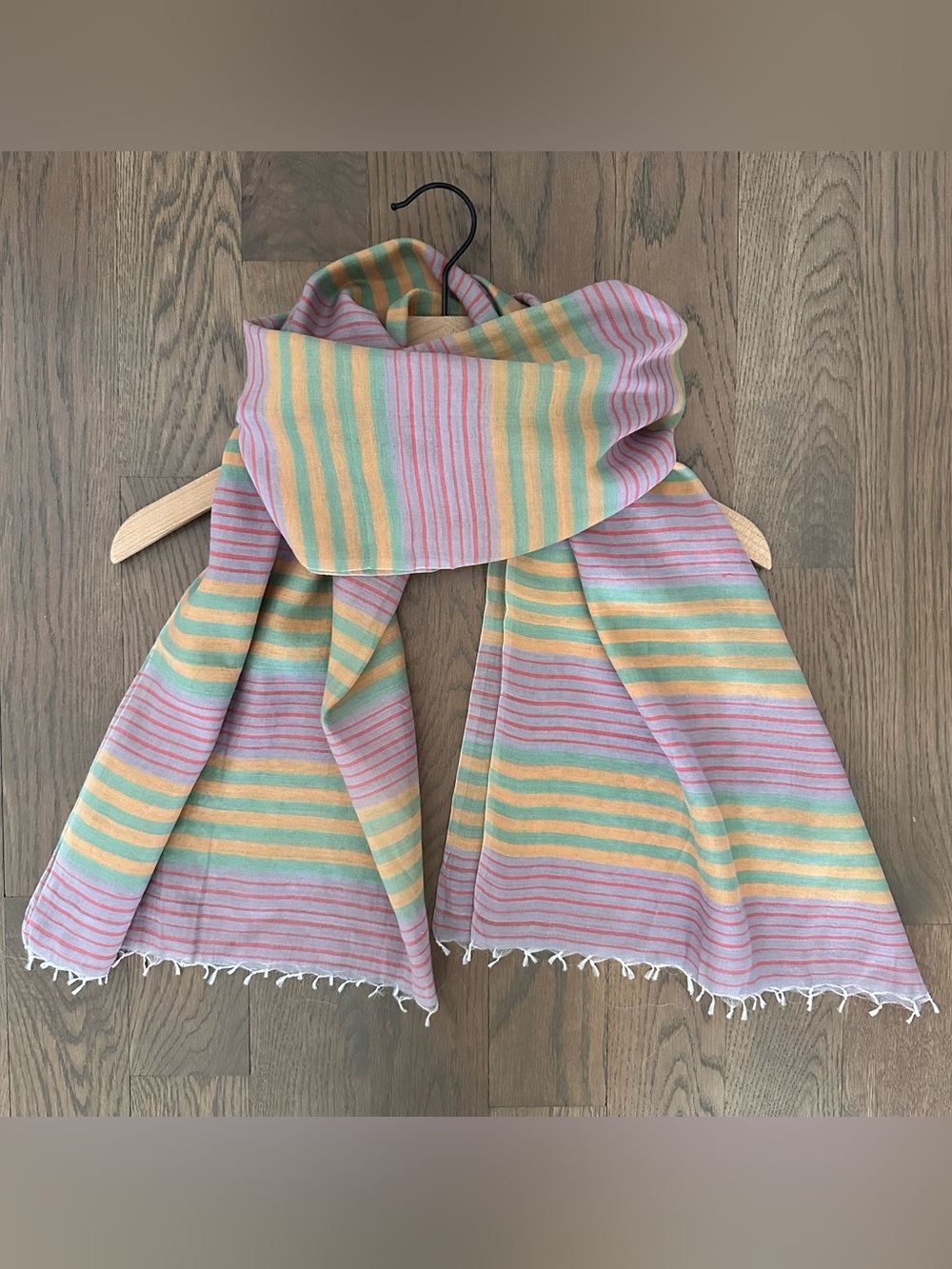 Vintage Striped Lightweight Sheer Oblong Scarf Purple, Yellow, Green, Red 69"l
